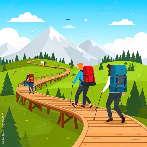 People hiking on wooden mountain trail.