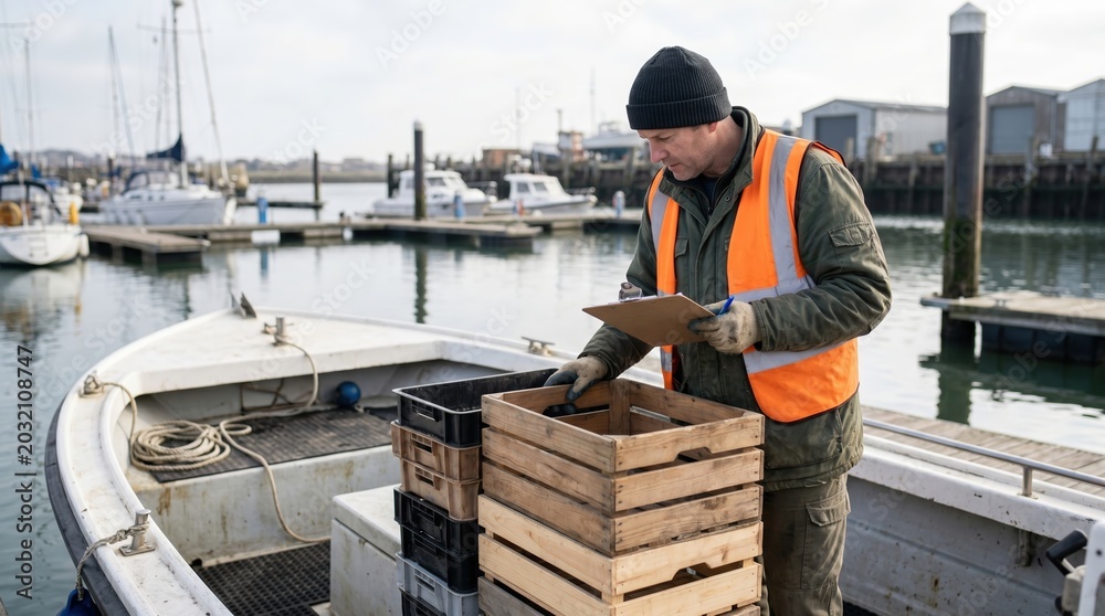 Fototapeta premium Harbor worker inspecting empty crates on docked boat