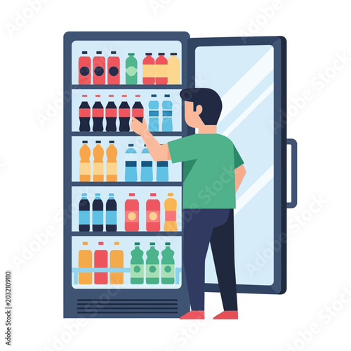 Person selecting cold drink from commercial refrigerator, vector illustration.