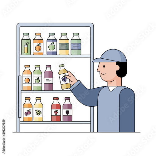 Shop worker selecting juice bottle from fridge shelf, healthy lifestyle