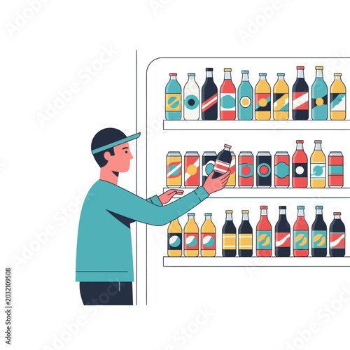 Shop worker selecting refreshment beverage from a display fridge