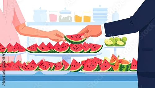People exchanging sliced watermelon fruit.