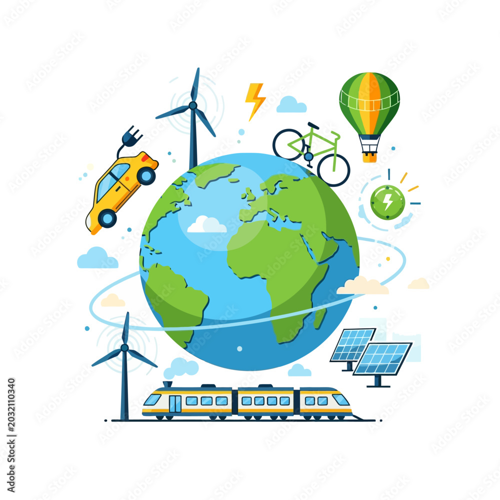 Naklejka premium Eco-Friendly World: Renewable Energy, Transportation, and Sustainability Concept