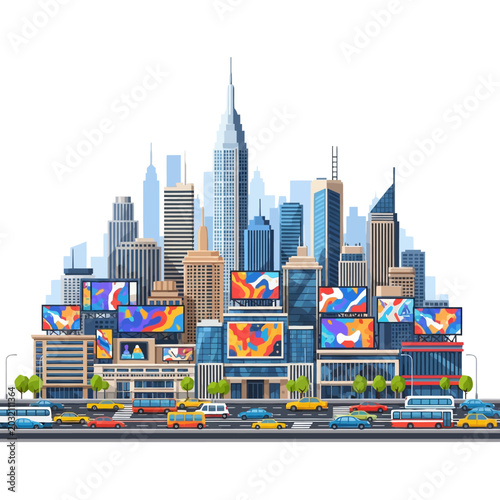 Modern Cityscape with Billboards and Traffic - Digital Illustration