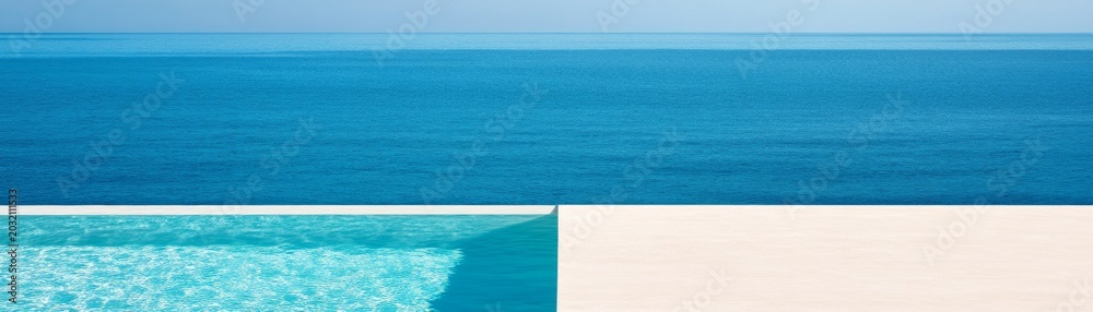 Fototapeta premium Azure Infinity Minimalist geometric composition of a vast blue ocean seamlessly meeting an infinity pool and pristine white deck, evoking serene luxury. ,Modern ,Tranquility