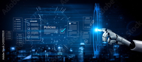 Photos Explore a high-tech scene featuring a robotic hand engaging with digital policy documents, showcasing the intersection of technology, automation, and modern business solutions