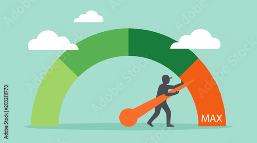 Cuadro en lienzo Man pushing indicator to maximum level on a gauge, reaching peak performance