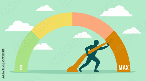Canvas Print Striving for maximum potential: Man pushing a performance gauge to MAX