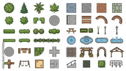 Obraz Urban Landscape CAD Blocks Premium Top View Architectural Vector Collection of Trees Shrubs Benches Pathways and Outdoor Planning Toolkit Elements
