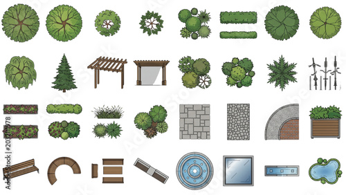 Urban Landscape CAD Blocks Top View Architectural Vector Set of Editable Line Art Elements with Trees Shrubs Benches Pathways and Outdoor Planning Toolkit