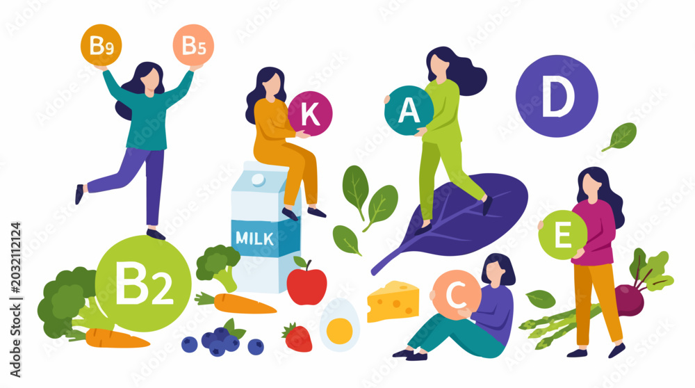 Fototapeta premium Women with vitamins and healthy food for a balanced diet illustration