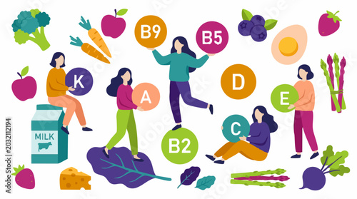 Photos Illustration of people, vitamins, and healthy food for balanced diet