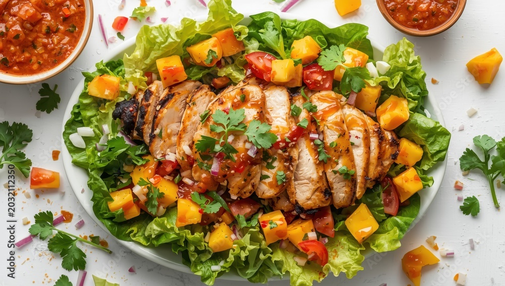 Fototapeta premium Delicious salad featuring grilled chicken, mango, spicy salsa, tomatoes, cilantro, red onion, and lettuce in a Tex-Mex style, shot from above on a white table.