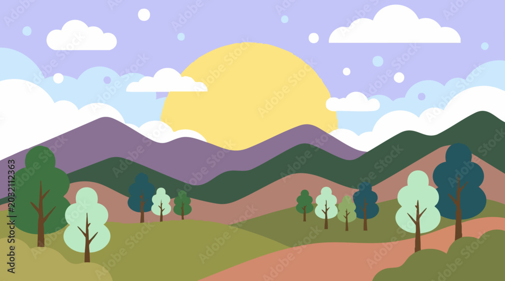 Fototapeta premium Cartoon illustration of a peaceful mountain landscape with sun and trees