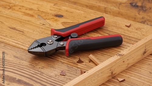 Red and black wire cutter on wood, designed for cutting cables in electrical tasks or home fixes.