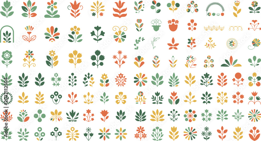 Obraz premium Collection of various colorful floral icons and leaves on white background
