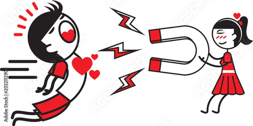 Bild auf Leinwand Cartoon love magnet illustration, romantic attraction concept with girl pulling
