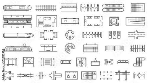 Public Transport CAD Blocks Premium Top View Architectural Vector Collection of Railway Platforms Bus Terminals and Escalators Editable Line Art Elements