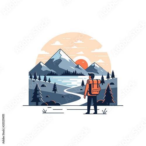 Hiker with backpack enjoying mountain landscape under sunset
