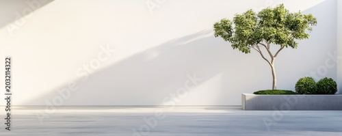 Minimalist Modern White Wall Background with Green Tree in Concrete Planter, Sunny Outdoor Patio Design, Light and Shadow Play ,Serene ,Simplicity