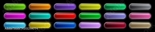3D Glossy Capsule Button Set with Vibrant Neon Glow Elements for UI UX Game Design, Editable AI file