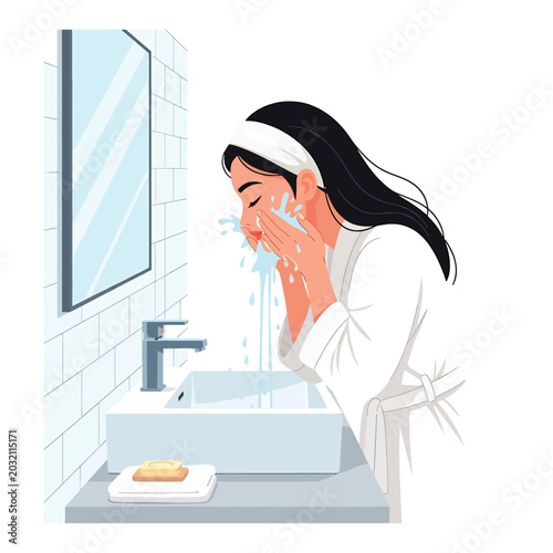 Photos flat vector illustration of woman washing face with cleanser and water splashes