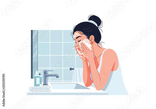 Foto flat vector illustration of woman washing face with cleanser and water splashes