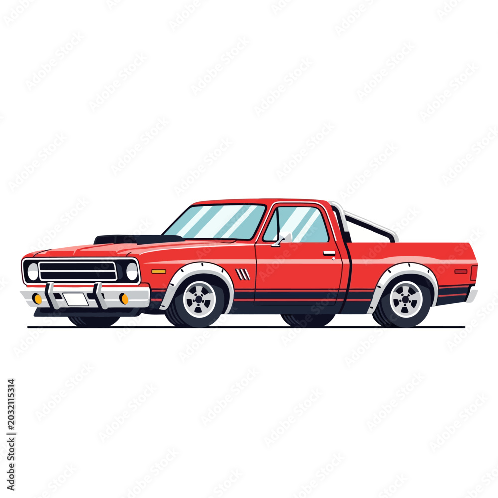 Fototapeta premium Classic red pickup truck illustration on white background, vector graphic.