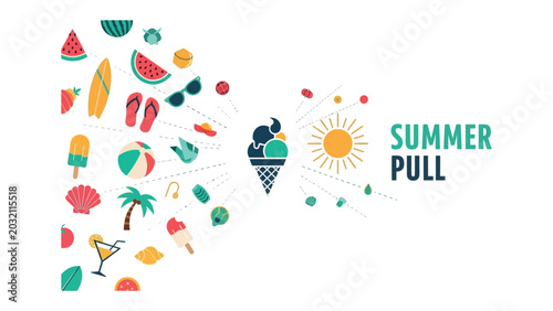Bilde på lerret Summer Vacation Collection: A vibrant and playful illustration showcasing a delightful assortment of summer-themed icons, including a surfboard, watermelon slices, ice cream cones, sunglasses