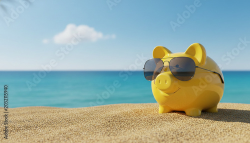 Yellow piggy bank with sunglasses on a sandy beach with the ocean and blue sky, symbolizing vacation savings, leisure, and financial freedom