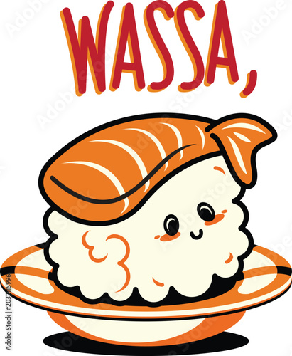 Photos Kawaii sushi pun vector illustration with WASSA text, cute shrimp nigiri charact