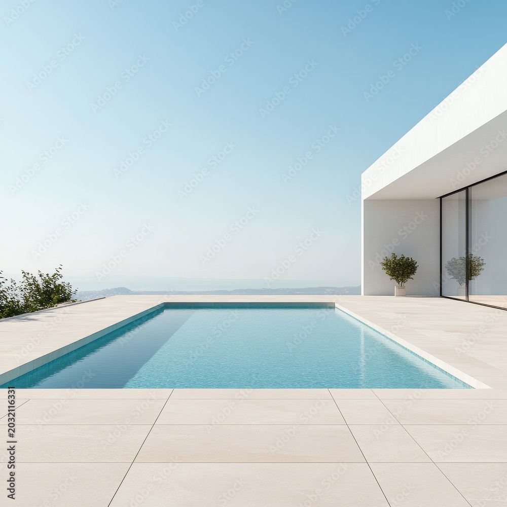 Fototapeta premium Modern Minimalist Infinity Pool on Tiled Terrace, Overlooking Panoramic Ocean Views with White Architecture under a Clear Sky. Serene Luxury. Resort, Escape