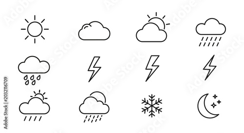 Weather icons set including sun clouds rain lightning snow and moon phases for forecasting and climate symbols