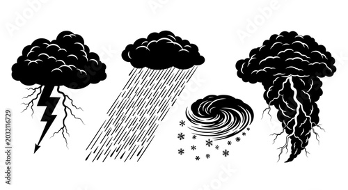 Weather icons set with stormy clouds rain lightning snowflakes and tornado symbolizing different types of weather conditions