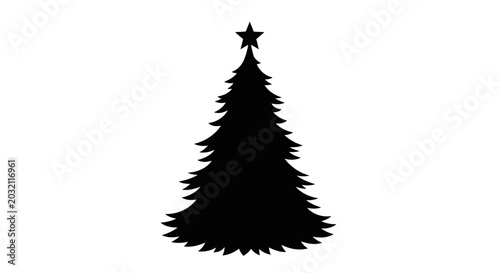 Black silhouette of a christmas tree with a star on top isolated on white background for holiday designs
