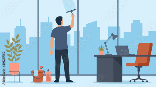 Tableau sur toile Man cleaning large office windows with a squeegee, city skyline view