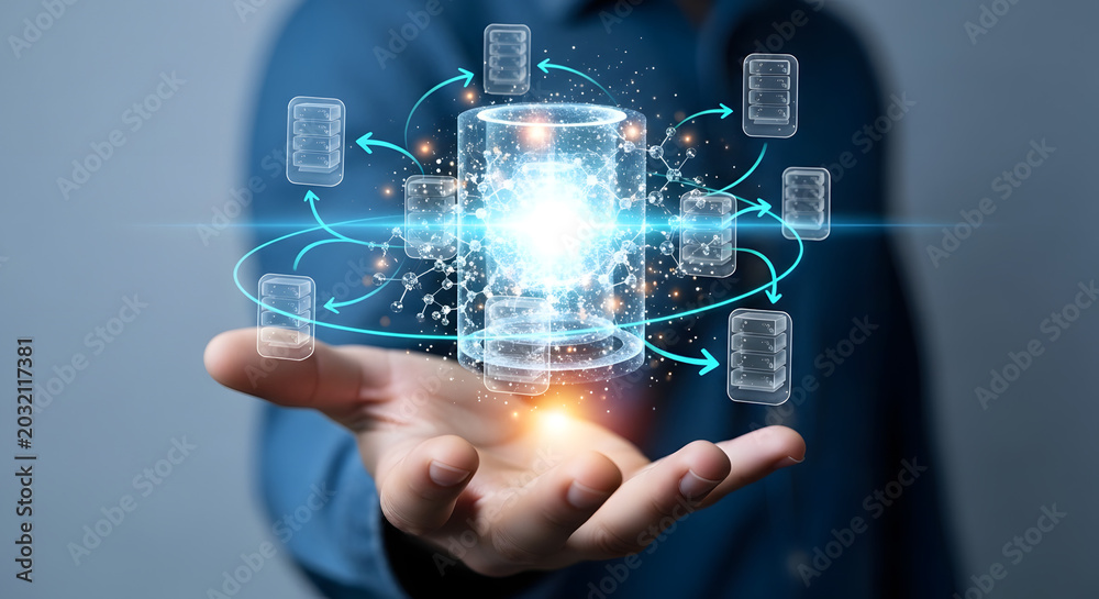 Fototapeta premium Person presenting glowing blue technology icons in hand indoors