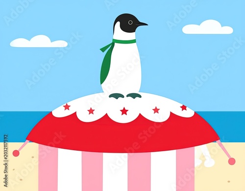 Penguin on beach carnival tent.