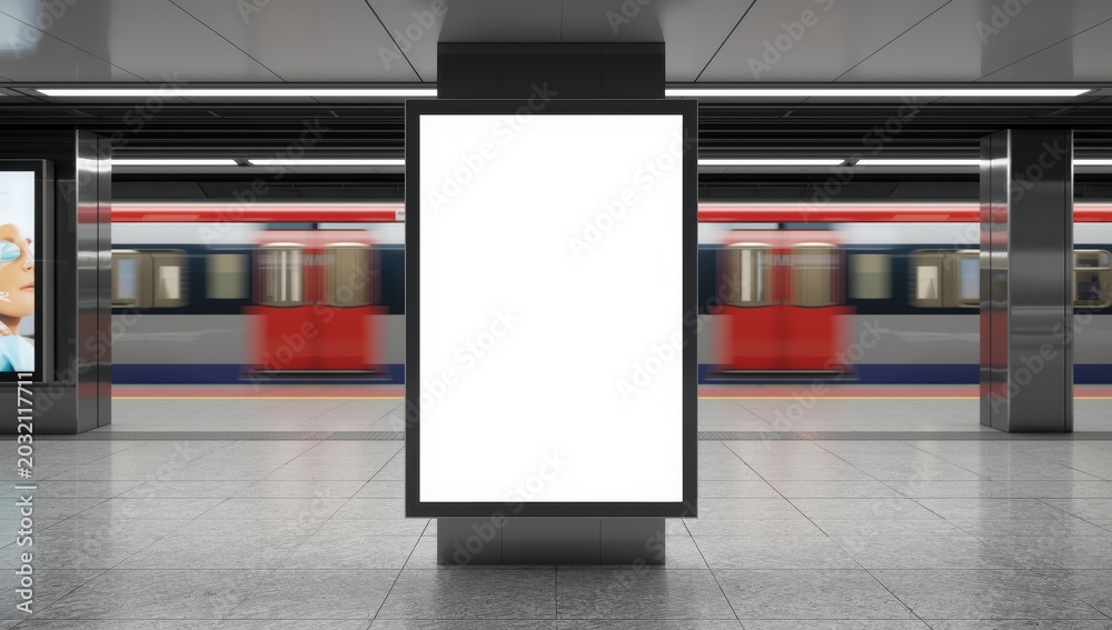 Fototapeta premium Blank poster mockup for advertising in a generic train station; OOH display. Front view of an empty MRT platform.