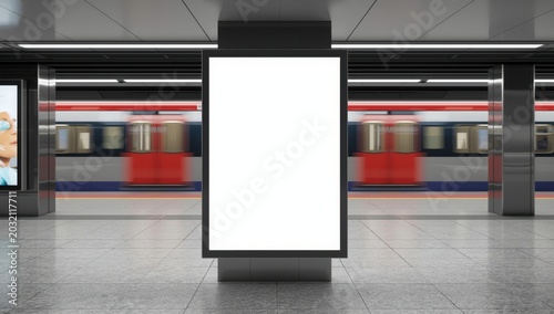 Blank poster mockup for advertising in a generic train station; OOH display. Front view of an empty MRT platform.