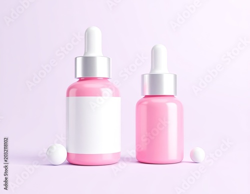 Pink cosmetic bottles with droppers.