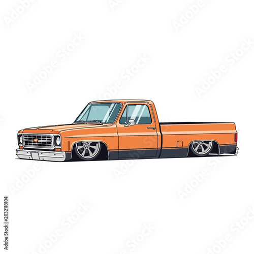 Orange classic pickup truck illustration, lowered ride, cartoon style, isolated