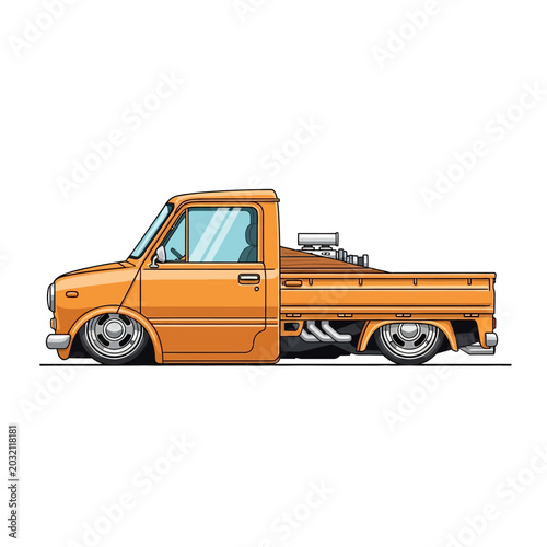 Orange classic pickup truck illustration, vintage style, white background