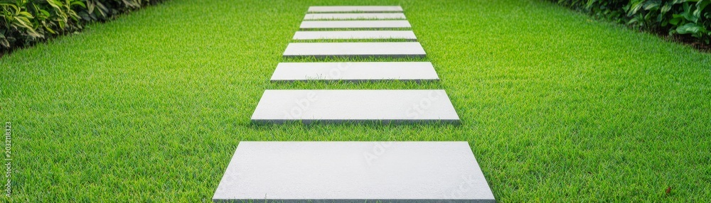 Fototapeta premium Panoramic view of a vibrant green lawn with clean, rectangular white stepping stones forming a pathway, symbolizing a clear and serene journey forward in modern landscaping. ,garden