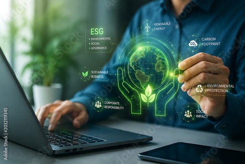 Person interacting with esg sustainability concepts on holographic display