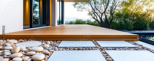 Sleek wood deck extending from modern home to serene Zen garden with stepping stones and pebble path, overlooking a pool and lush natural backdrop at sunset. Modern design, Outdoor