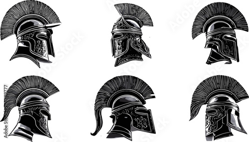 Bild auf Leinwand Ancient Spartan Gladiator Helmet Vector Icon Set Featuring Detailed Greek Roman