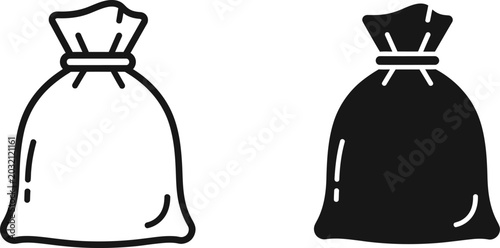 Foto Two simple drawstring bags one outlined and one solid black isolated on white ba
