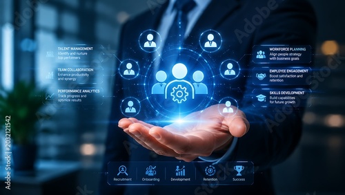 Hand holding digital workforce management interface with employee icons