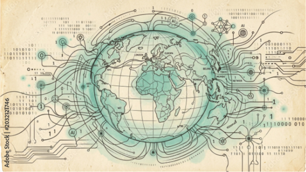 Obraz premium Global Data Network Line Art – Minimalist Continuous One Line Illustration of Globe with AI Communication and Data Flow Connections